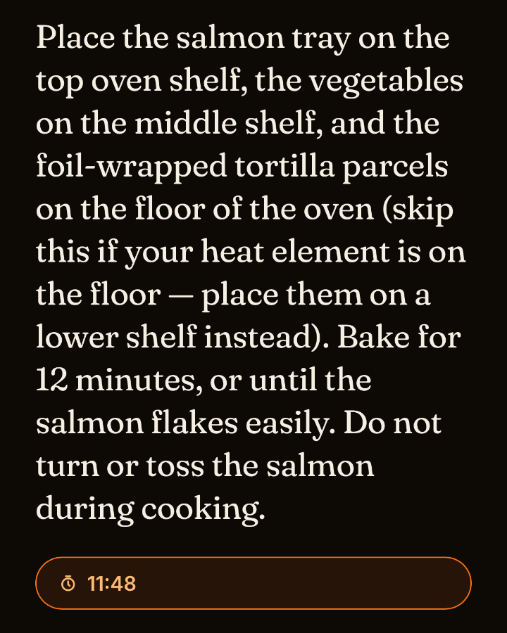 Cook mode mid-recipe: a full-screen step with a running 12-minute timer.