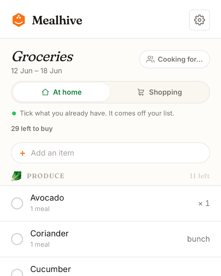 The groceries tab: a list built from the plan, grouped by aisle, with a tick-what-you-have mode.