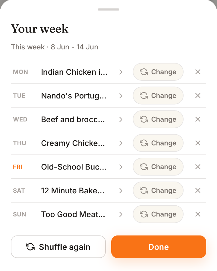 The week overview: Monday to Sunday, each day with a planned dinner and one-tap Change and remove actions.