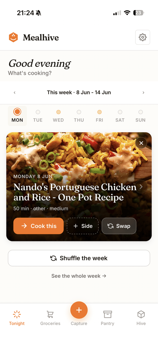 The Mealhive Tonight tab showing tonight's planned dinner, with cook and swap actions ready to tap.